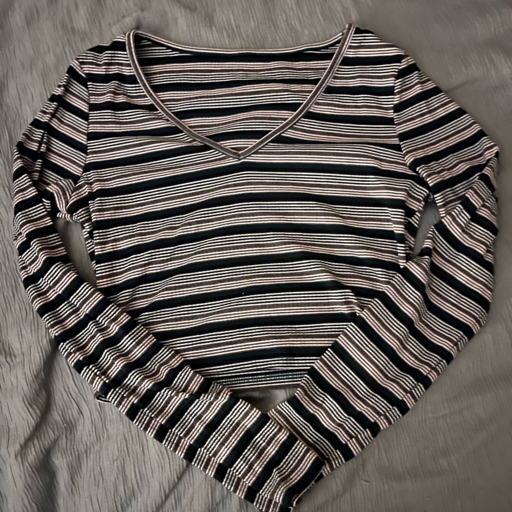 Striped Black, White, and Green Women's Cropped Long Sleeve top